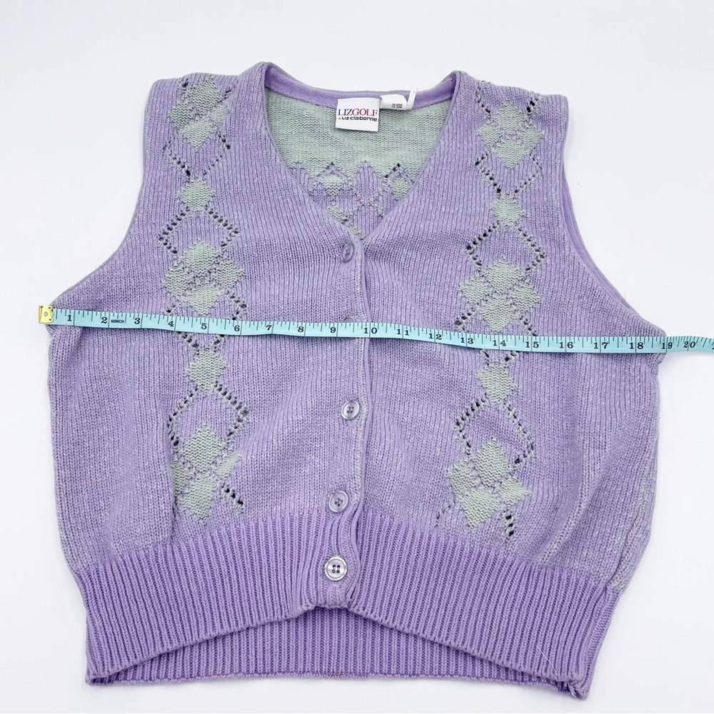 Vintage 90s Y2K Preppy Liz Golf Pastel Purple Green Argyle Knit Sweater Vest - Picture 7 of 8